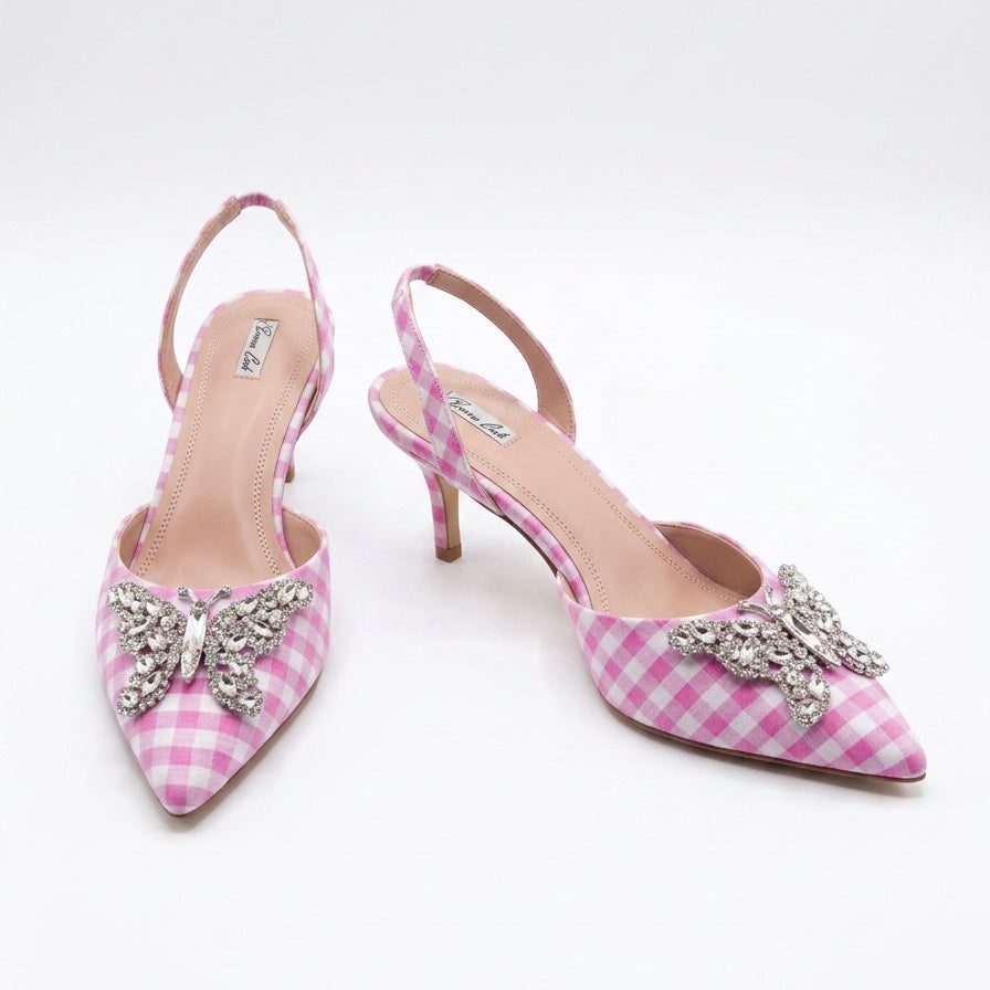 LOVE BUTTERFLY SLINGBACK HEELS PINK GINGHAM