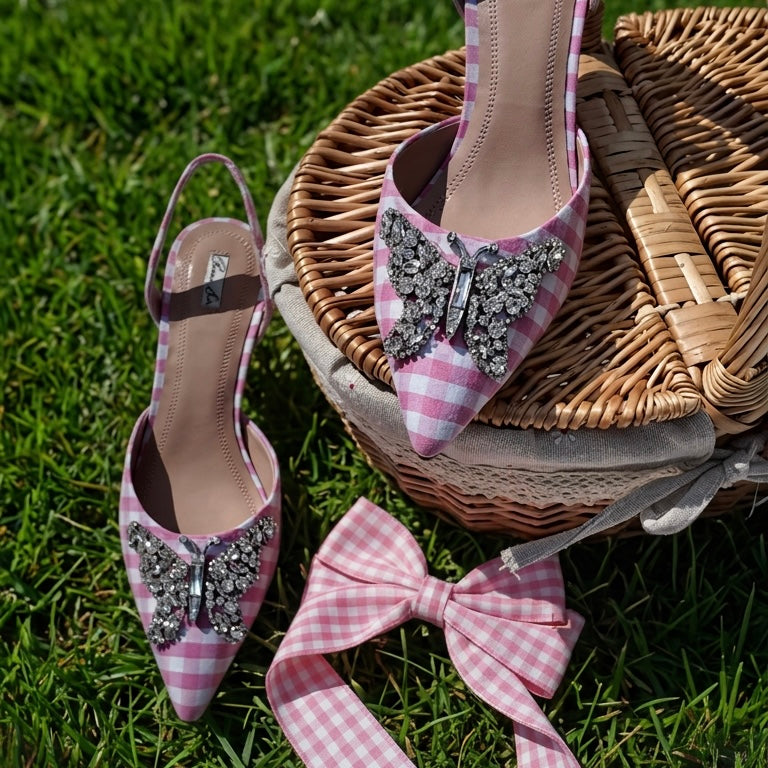 LOVE BUTTERFLY SLINGBACK HEELS PINK GINGHAM