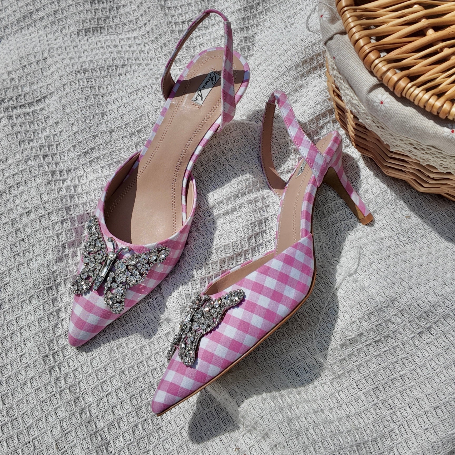 LOVE BUTTERFLY SLINGBACK HEELS PINK GINGHAM