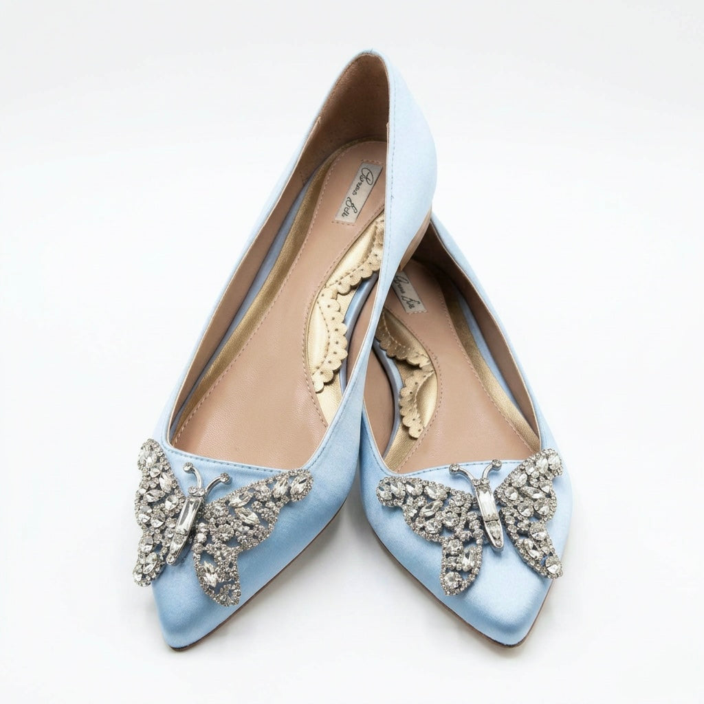 ELIANA BUTTERFLY POINTY FLATS POWDER BLUE SATIN