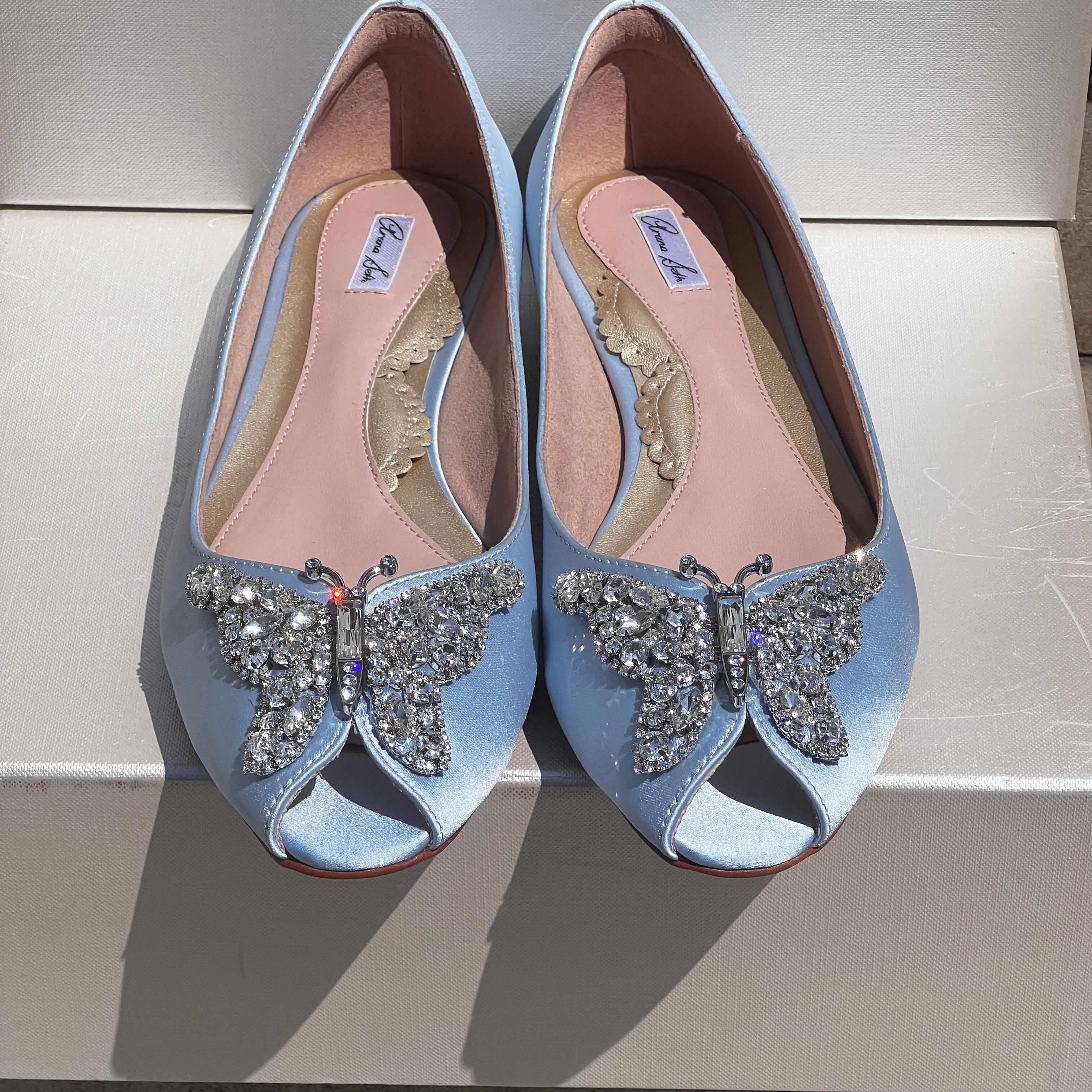 LIANA BUTTERFLY OPEN TOE FLATS POWDER BLUE SATIN