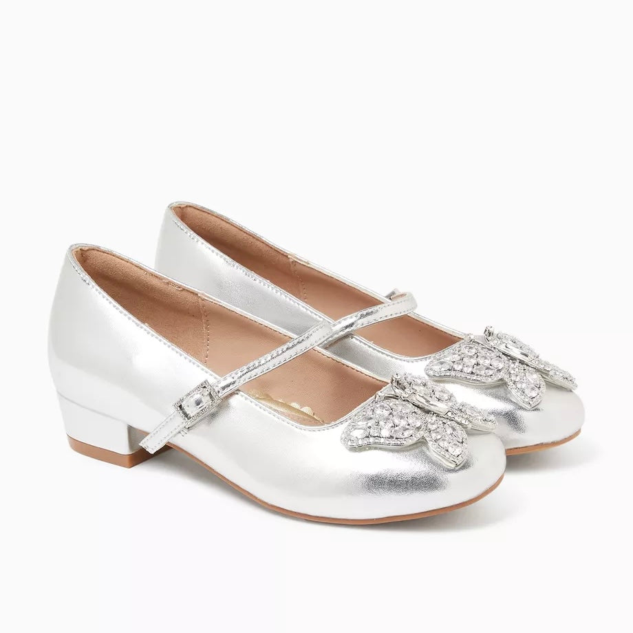 LULU BUTTERFLY GIRLS MARY JANE HEELS SILVER METALLIC LEATHER