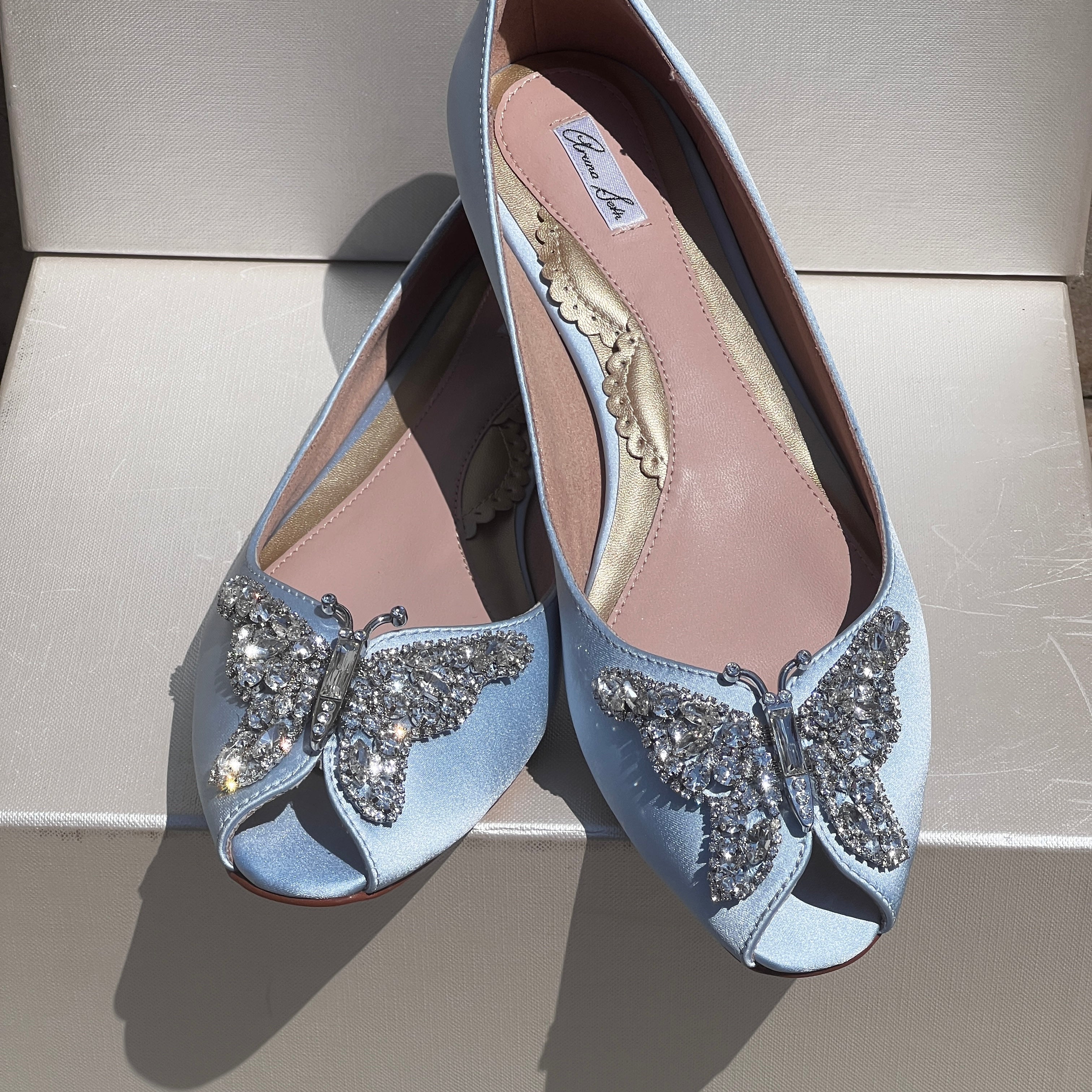 LIANA BUTTERFLY OPEN TOE FLATS POWDER BLUE SATIN