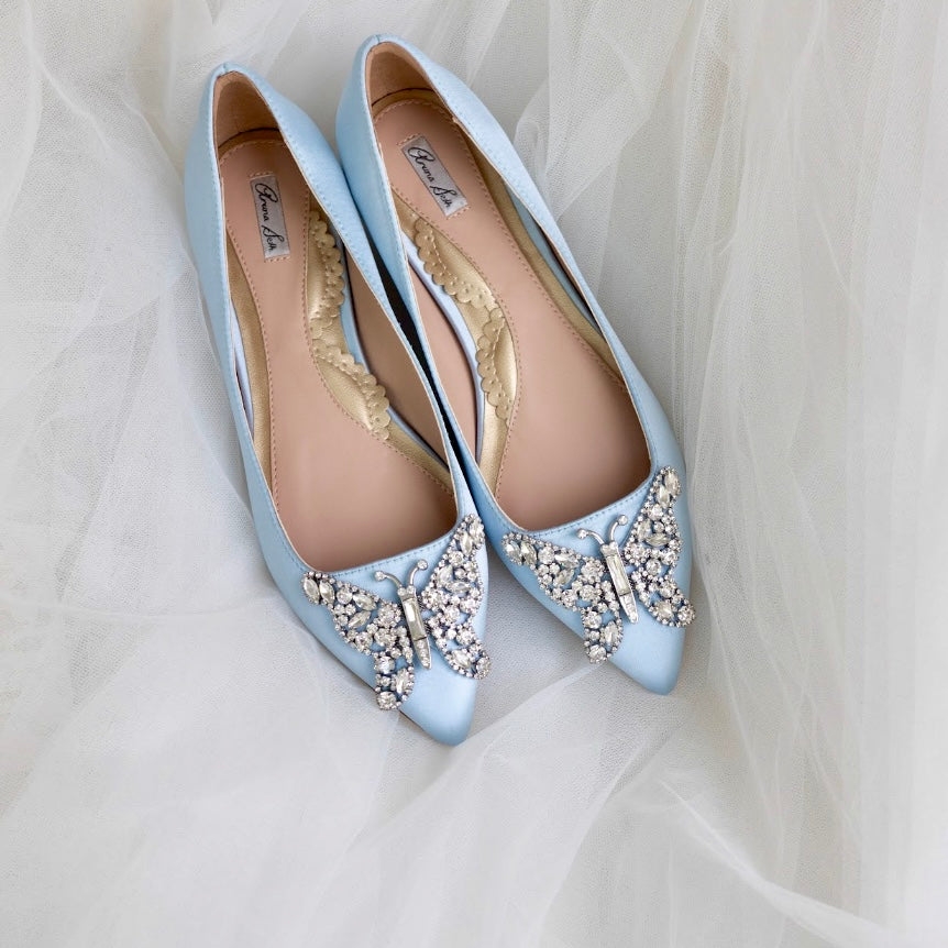 ELIANA BUTTERFLY POINTY FLATS POWDER BLUE SATIN