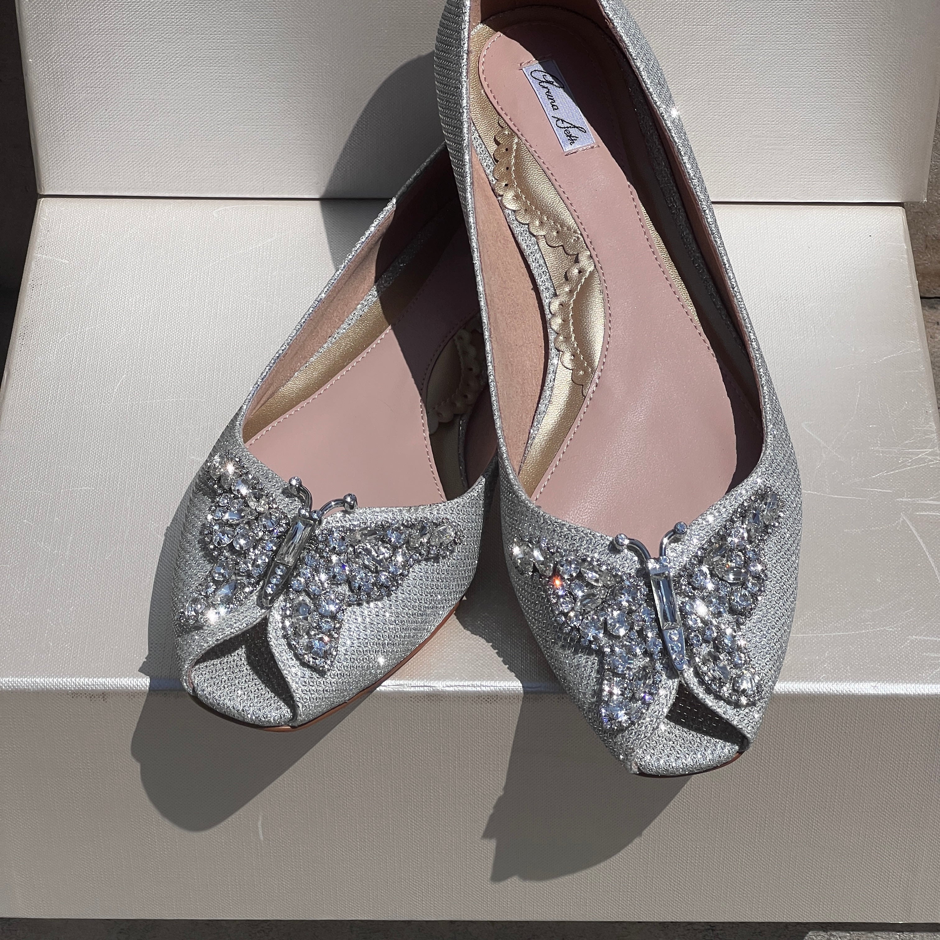 LIANA BUTTERFLY OPEN TOE FLATS SILVER MESH