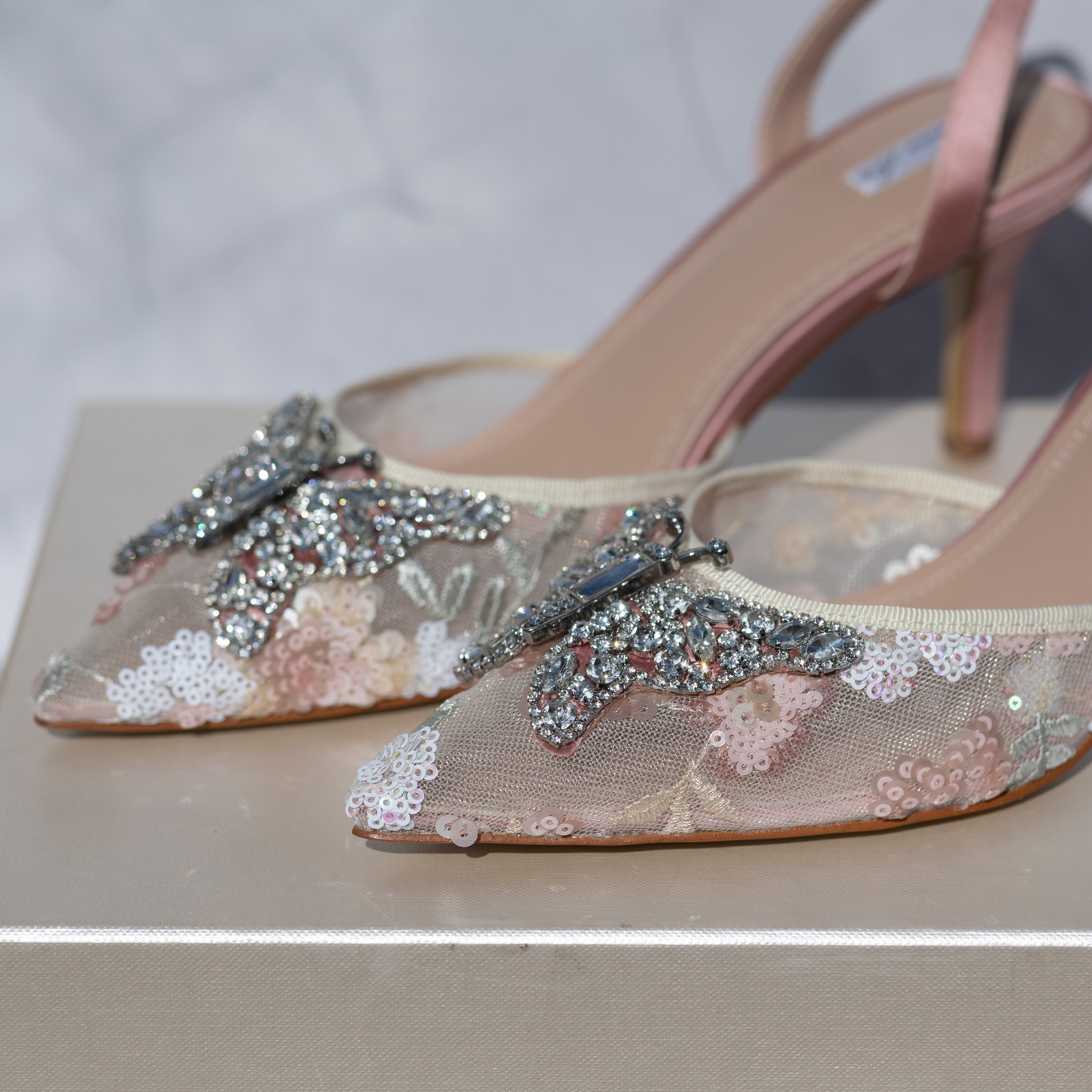 Love Butterfly Slingback Heels Floral Beaded Lace