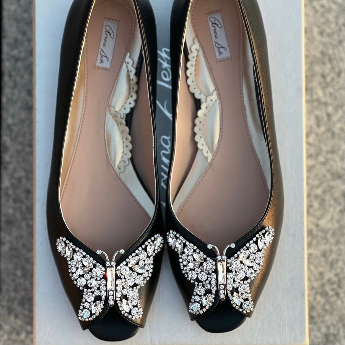 Liana Butterfly Open Toe Flats Vegan Black Leather