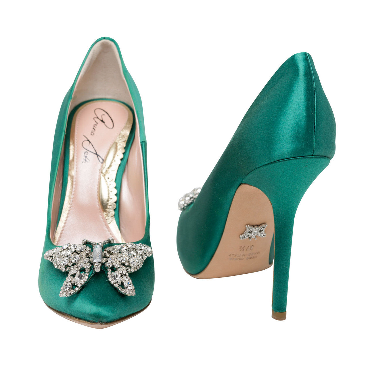 April Butterfly Heels Emerald Green Satin