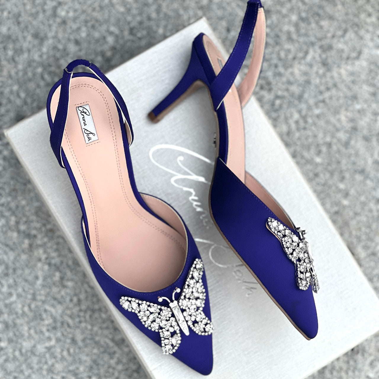 Love Butterfly Slingback Heels Dark Violet Satin