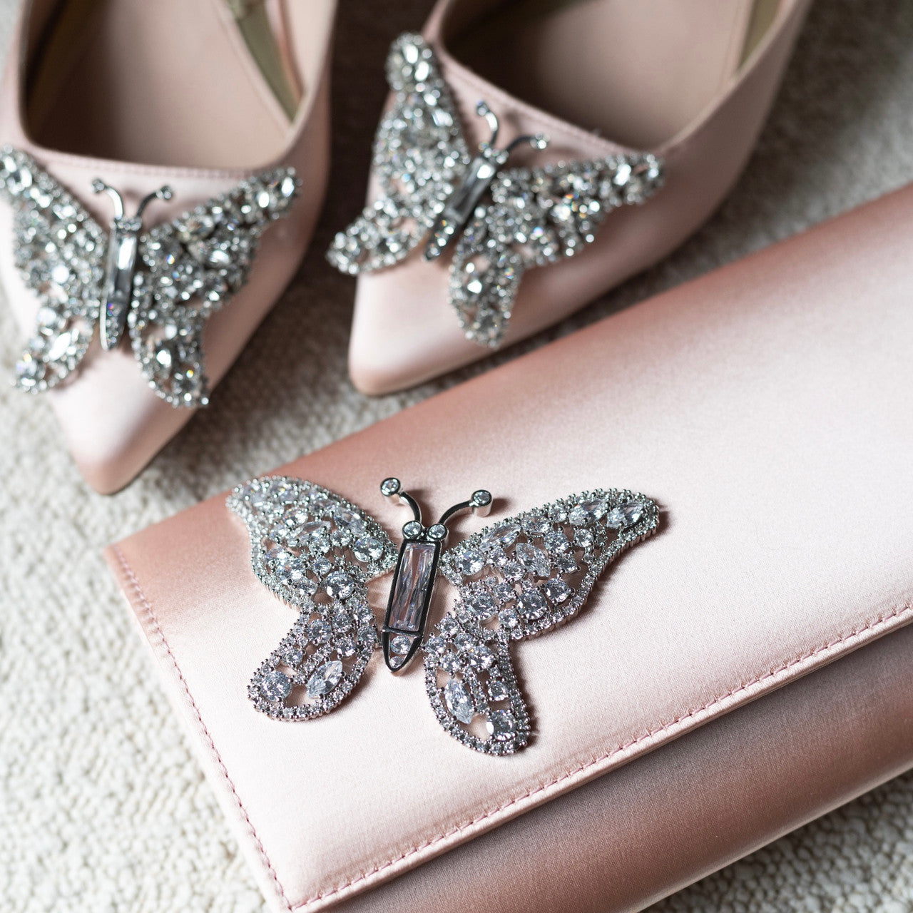 Pale Pink Satin Butterfly Clutch Bag