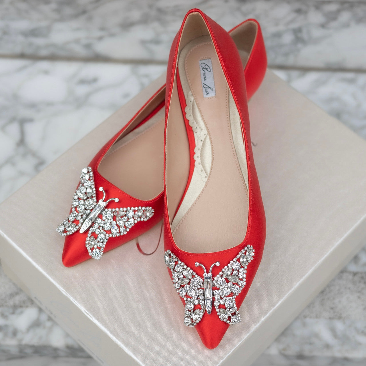 Eliana Butterfly Pointy Flats Red Satin