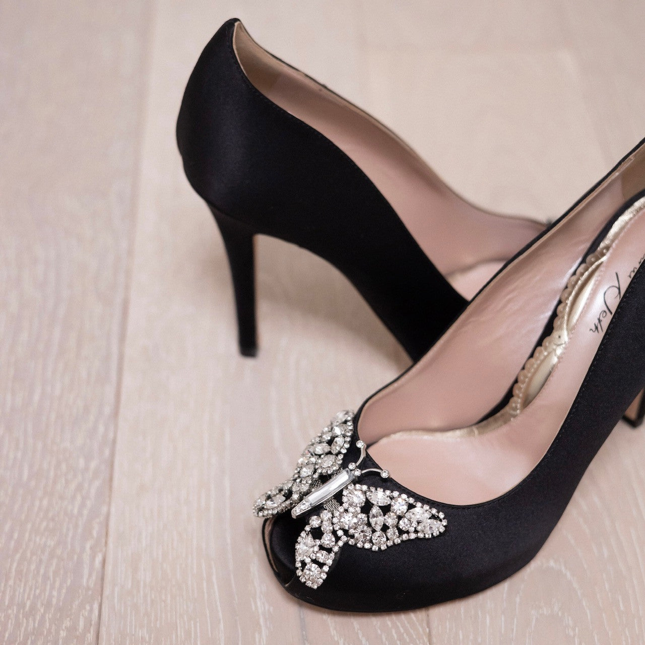 Evi Open Toe Butterfly Heel Black Satin