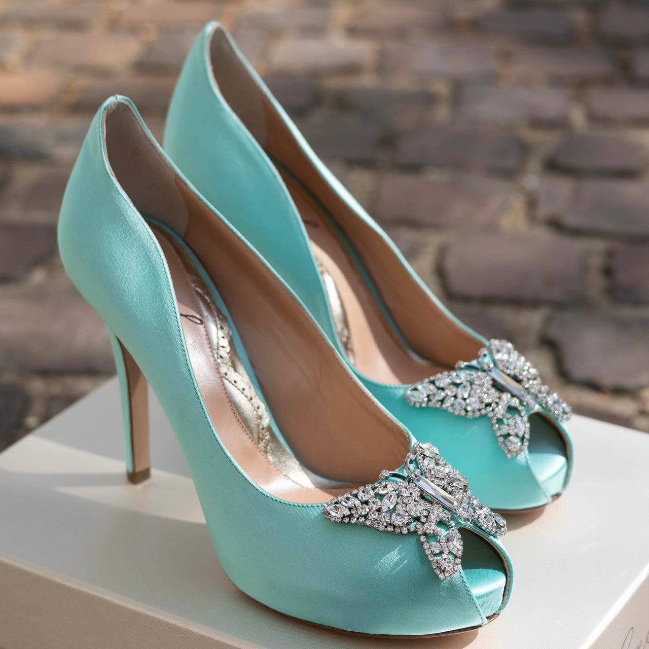 Evi Open Toe Butterfly Heel Tiffany Blue Satin