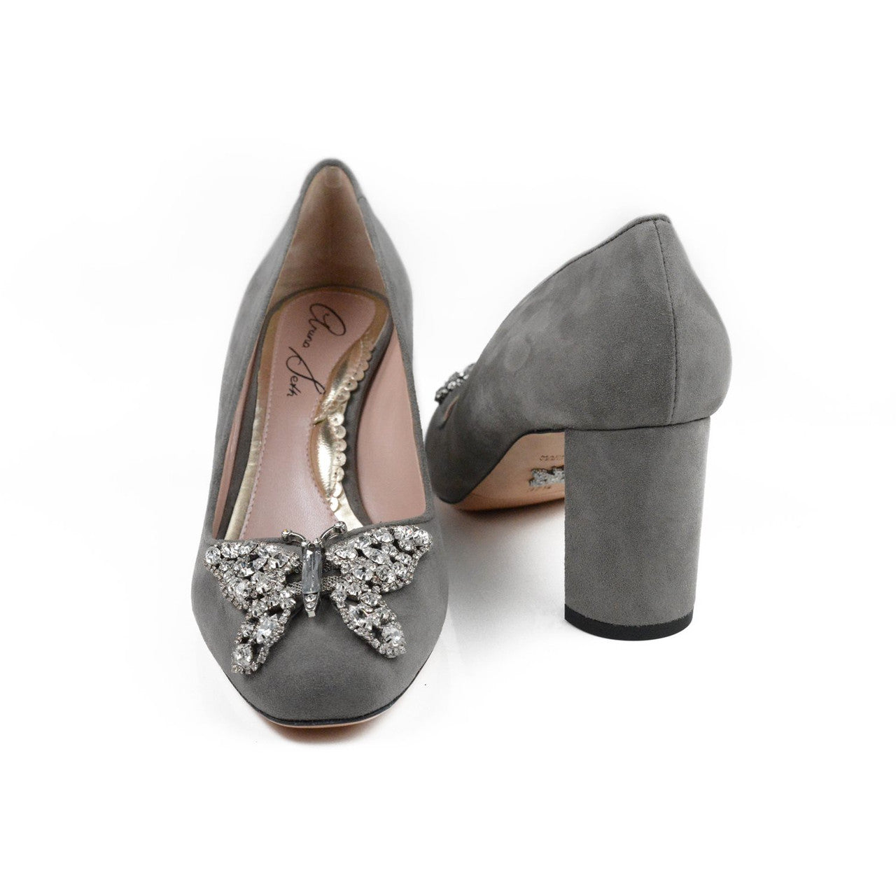 Annabel Butterfly Block Heels Grey Suede