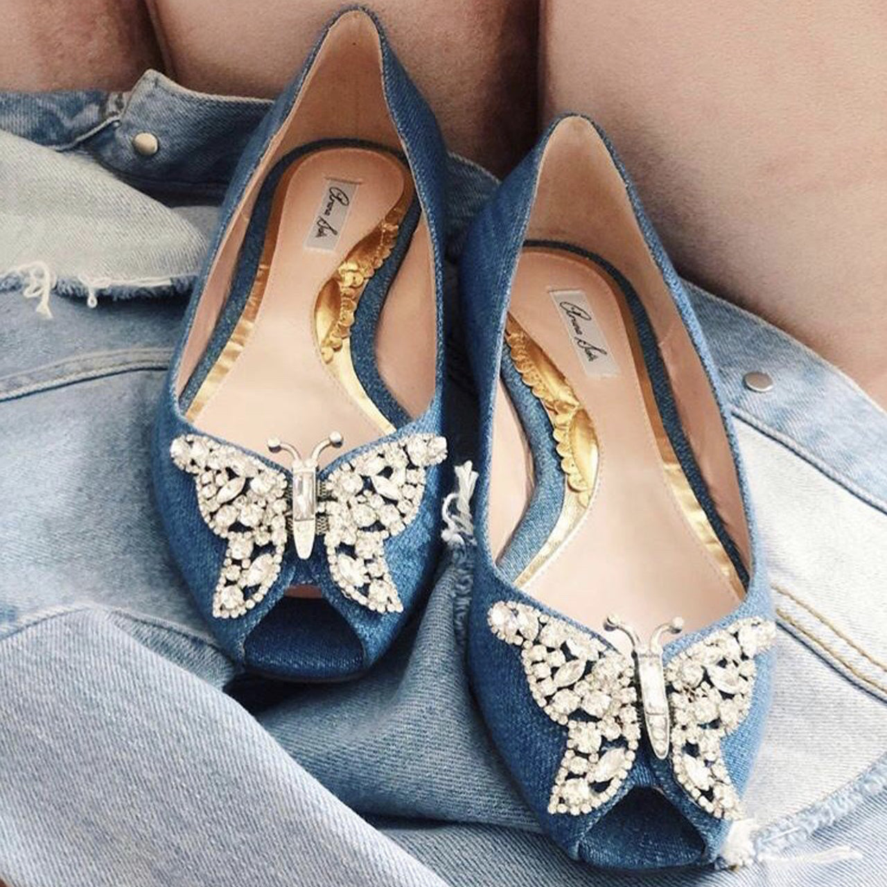 Liana Butterfly Open Toe Flats Blue Denim