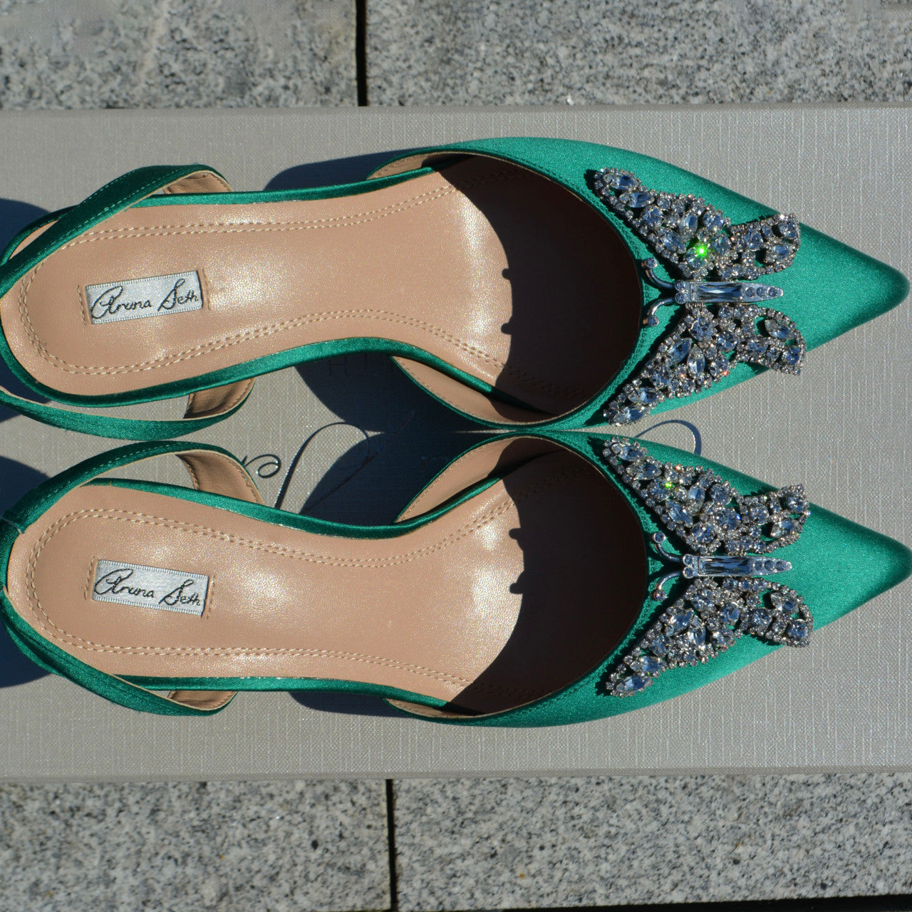 Love Butterfly Sling Back Heels Emerald Green Satin