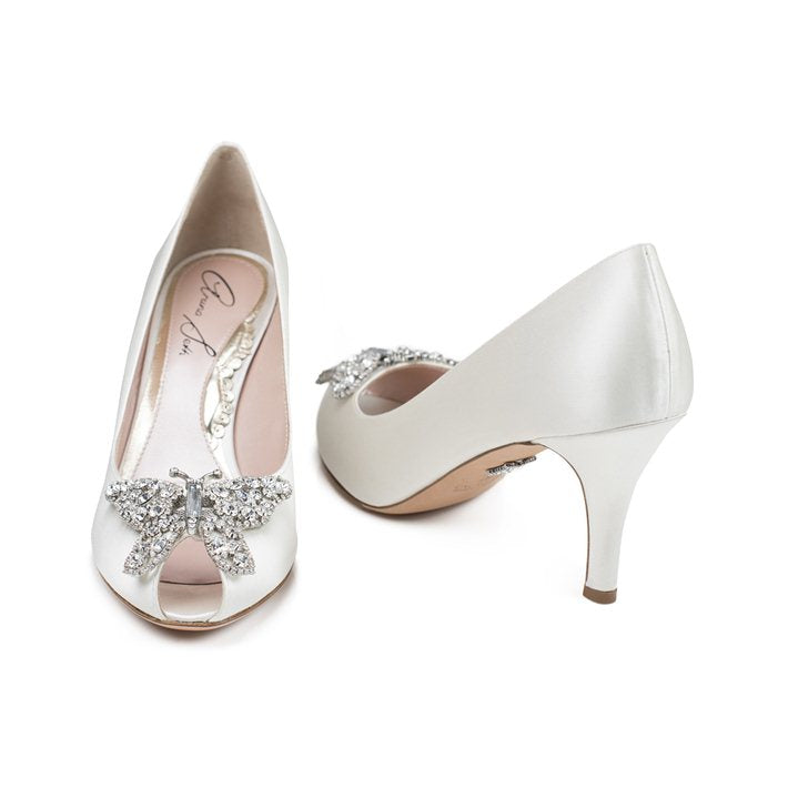 Ava Open Toe Butterfly Low Heels Ivory Satin