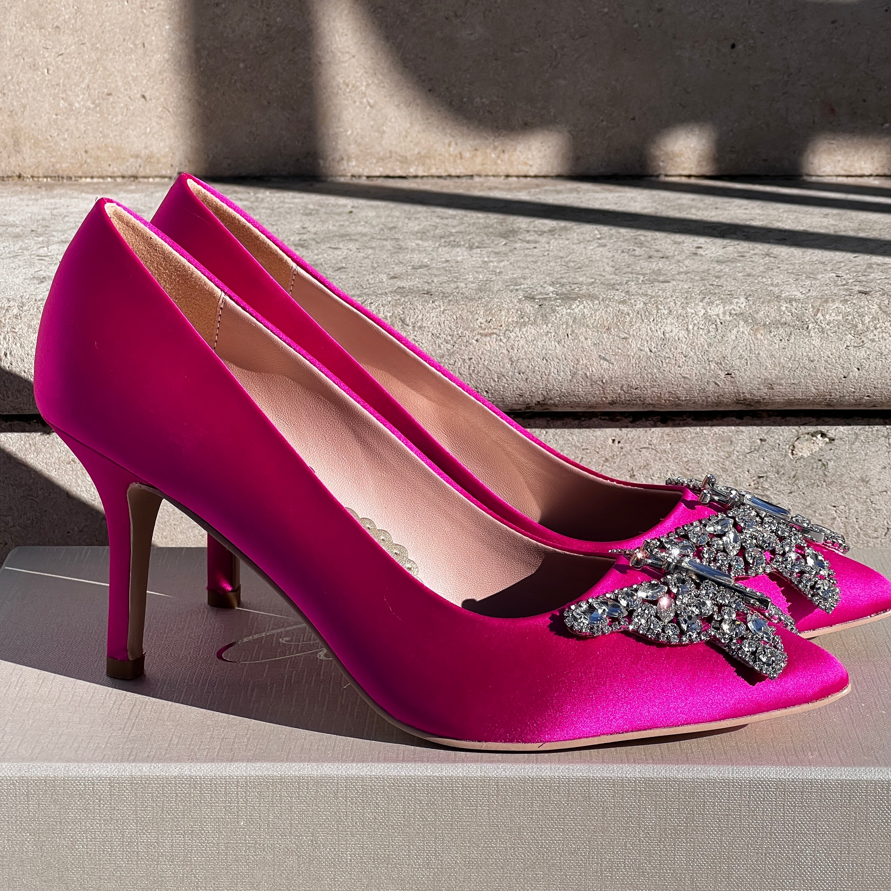 Emilia Butterfly Heels Neon Pink Satin