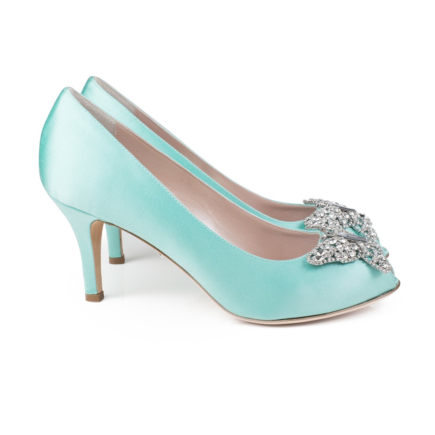 Ava Open Toe Butterfly Low Heel Tiffany Blue Satin