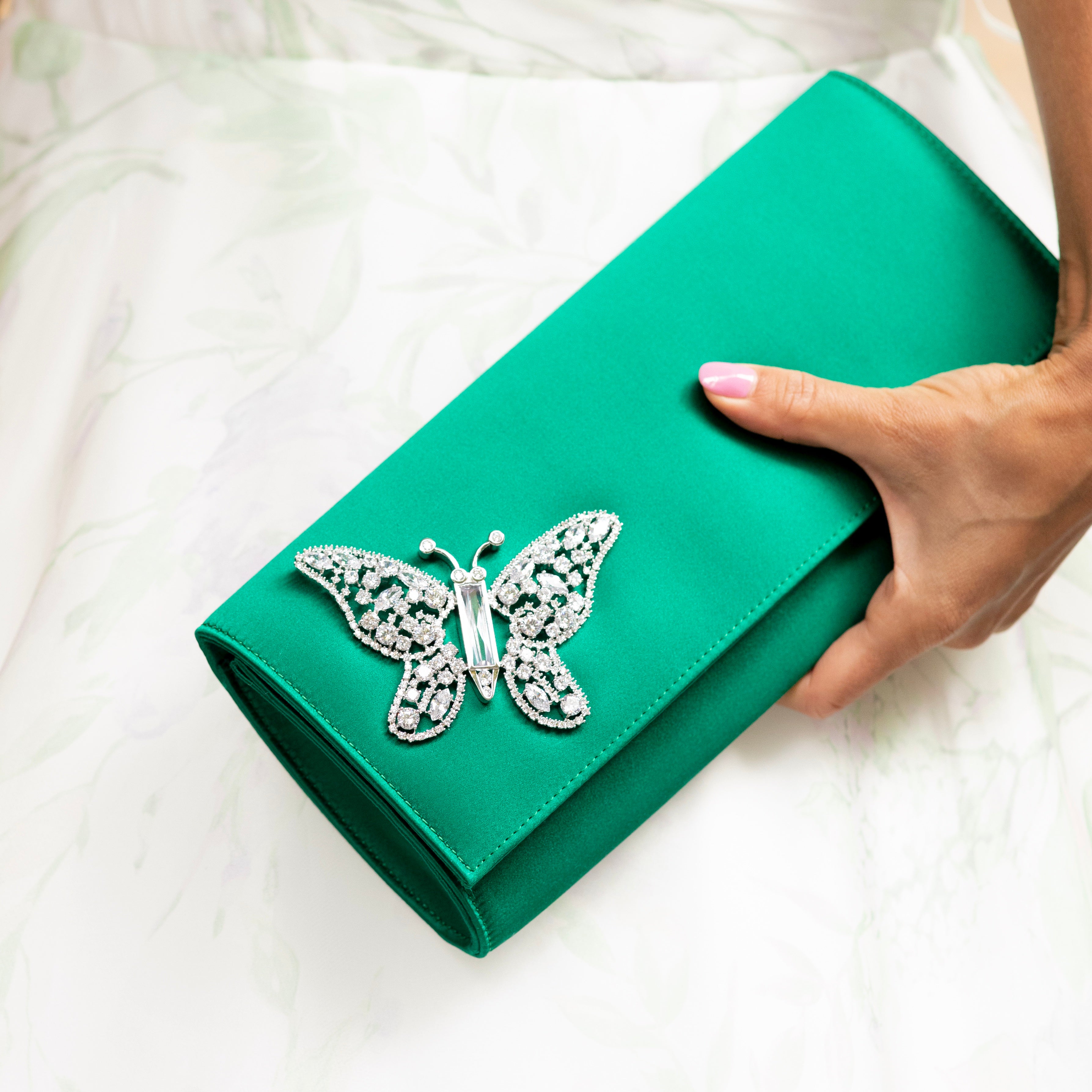 Emerald Green Satin Butterfly Clutch Bag