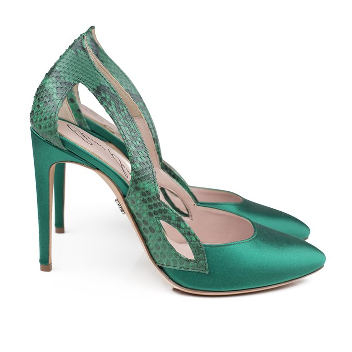 Cosmo Green Satin And Printed Snake Heels