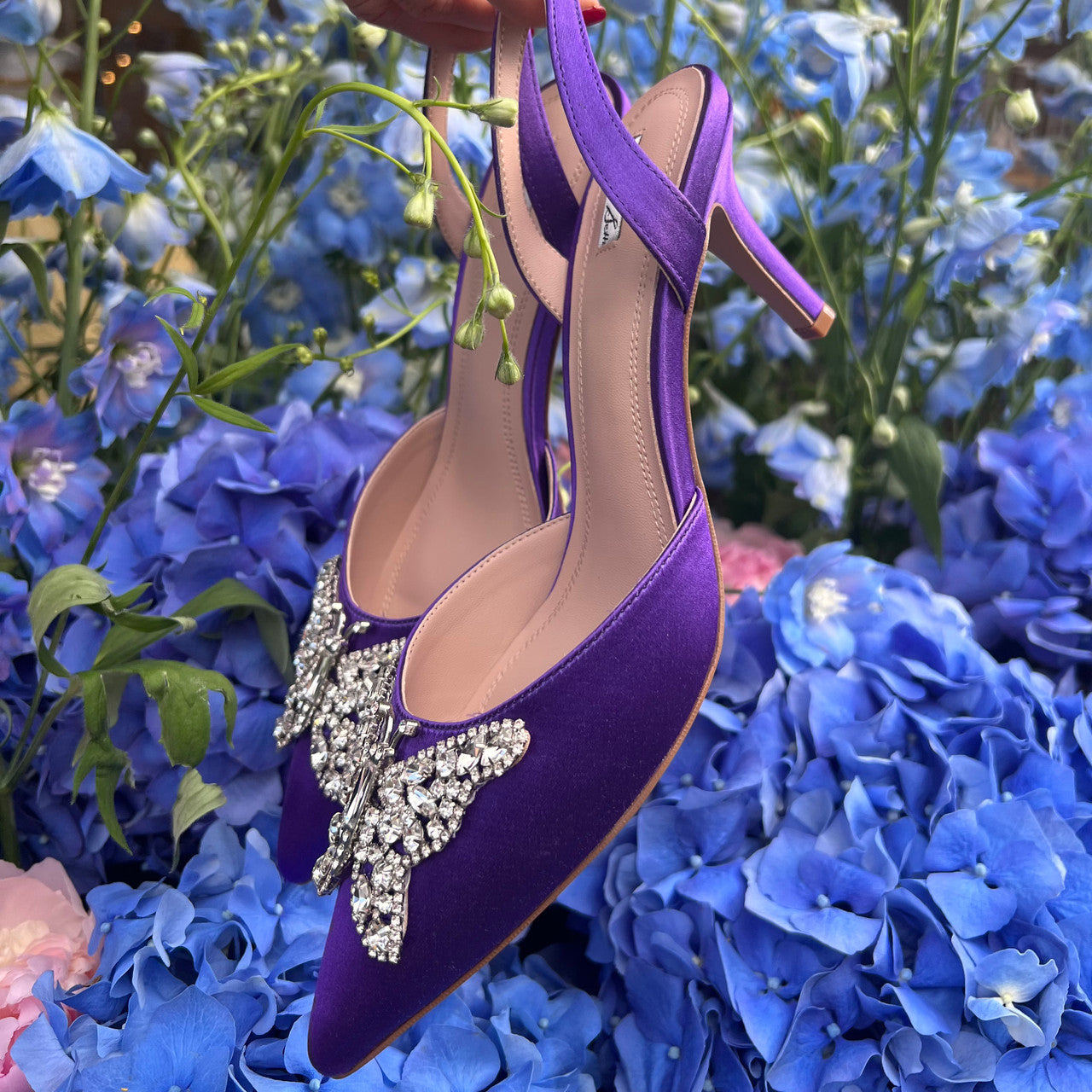 Love Butterfly Sling Back Heels Violet Satin