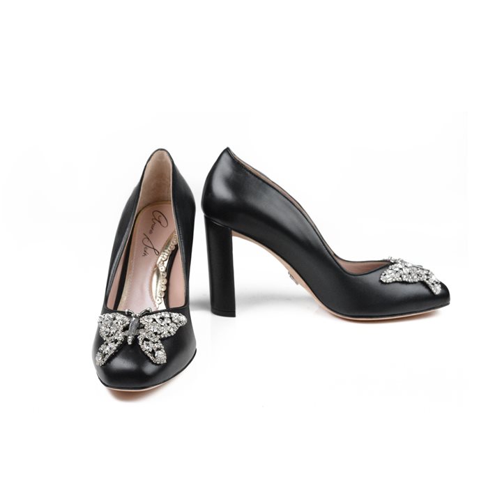 Annabel Butterfly Block Heels Black Leather