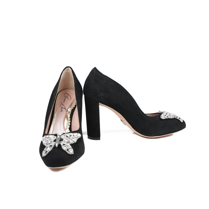 Annabel Butterfly Block Heels Black Suede