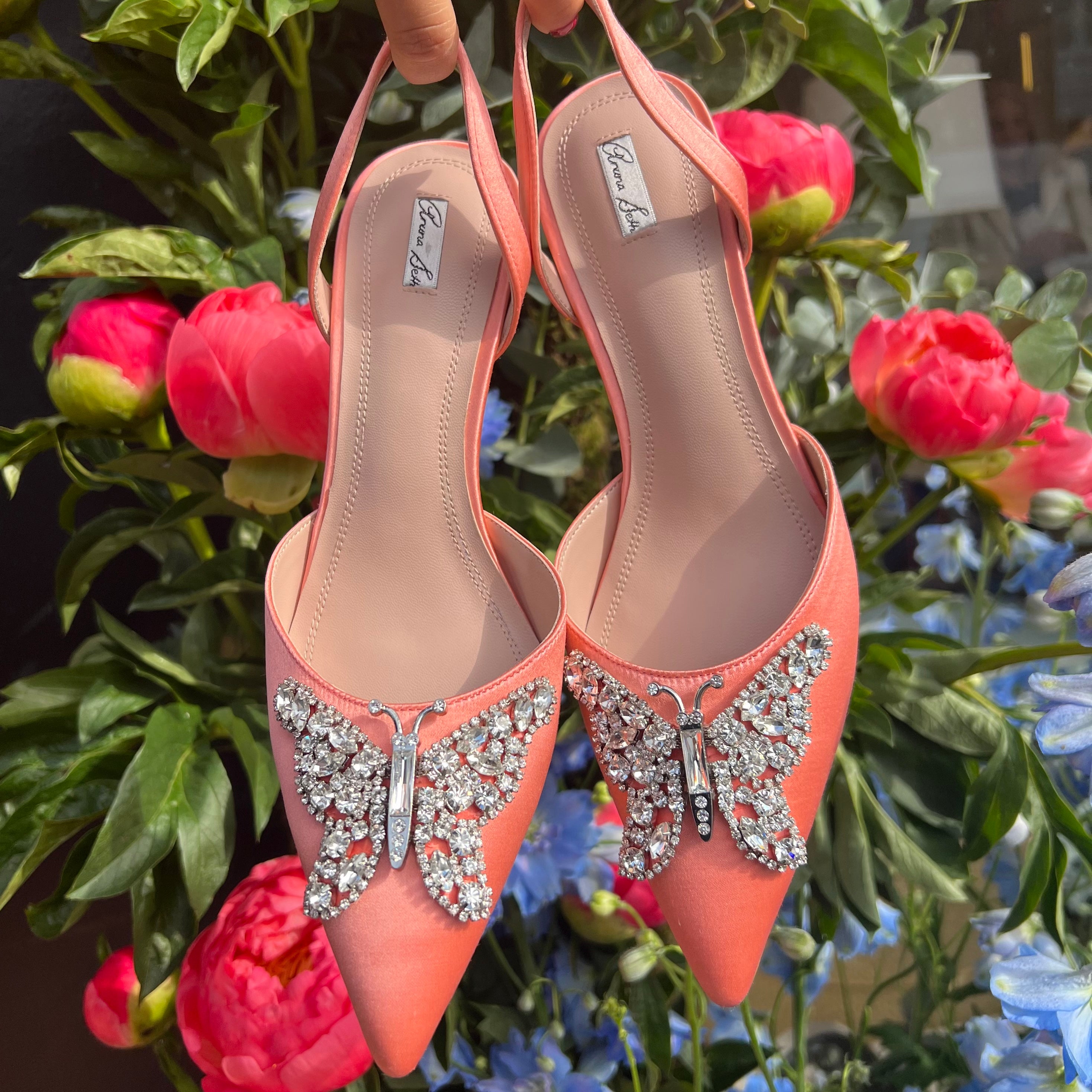 Love Butterfly Sling Back Coral Satin