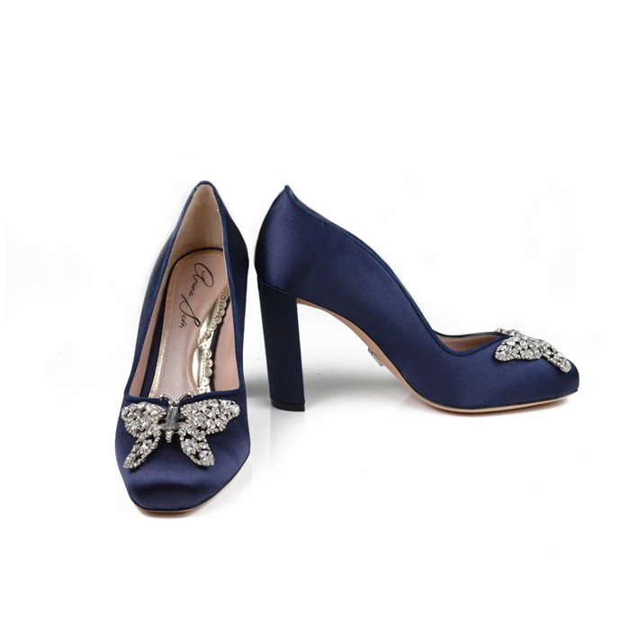 Annabel Butterfly Block Heels Navy Blue Satin