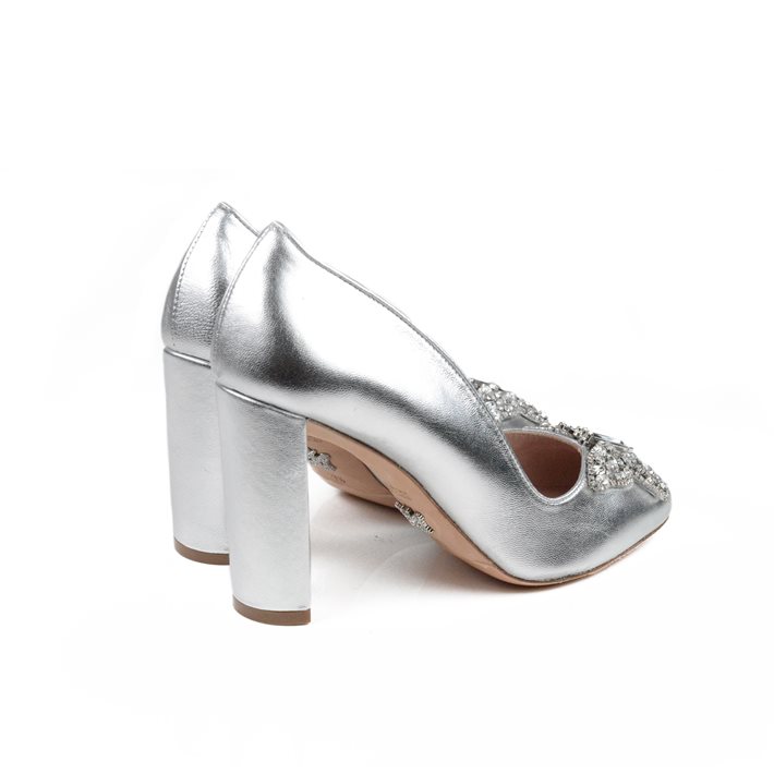 Annabel Butterfly Block Heels Silver Leather