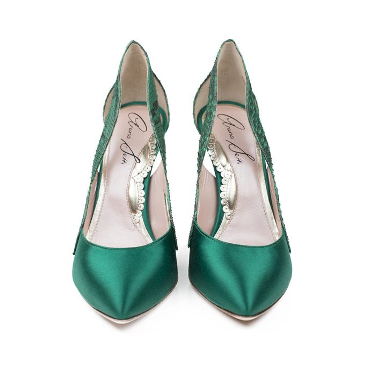 Cosmo Green Satin And Printed Snake Heels