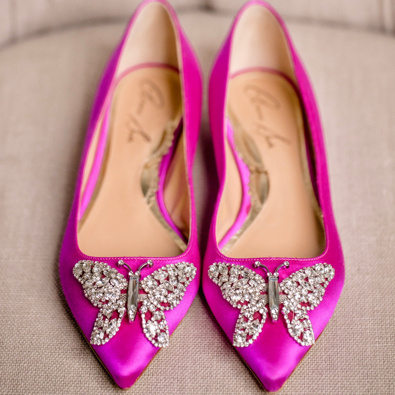 Eliana Butterfly Pointy Flats Neon Pink Satin