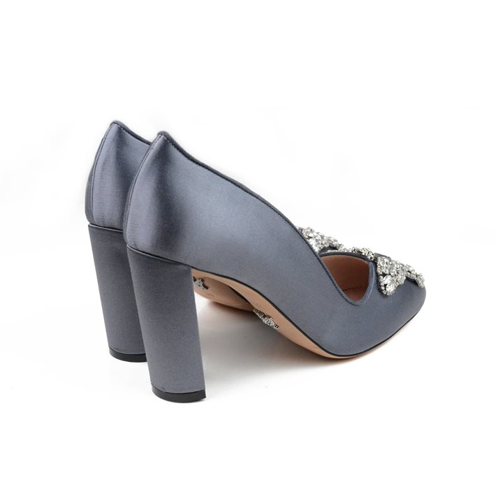 Annabel Butterfly Block Heels Charcoal Grey Satin