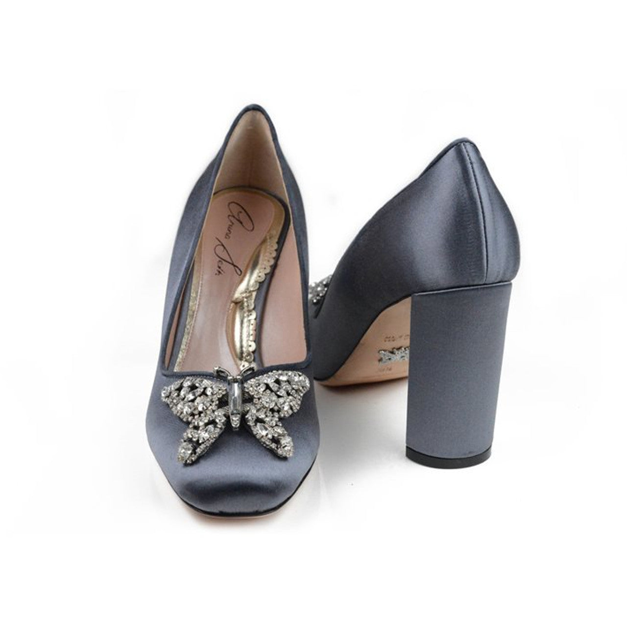 Annabel Butterfly Block Heels Light Grey Satin