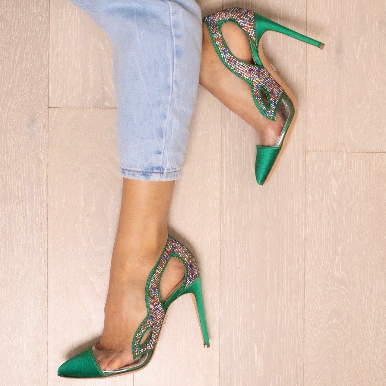 Cosmo Emerald Green Multicoloured Crystal Heels