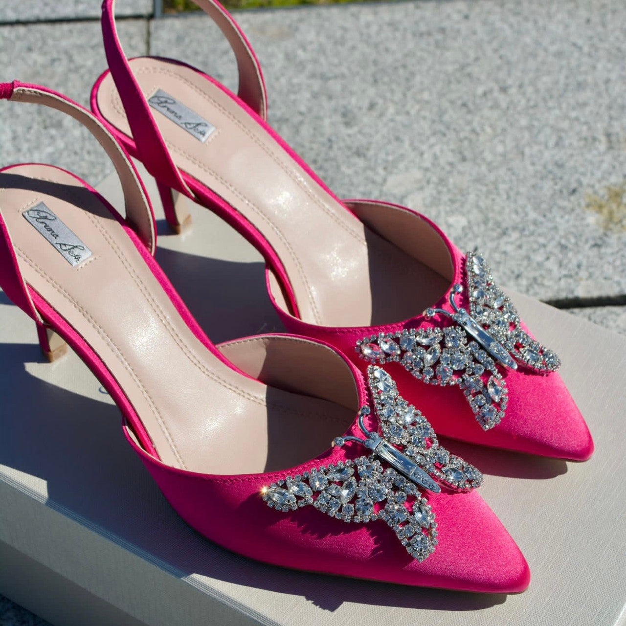 Love Butterfly Slingback Heels Neon Pink Satin