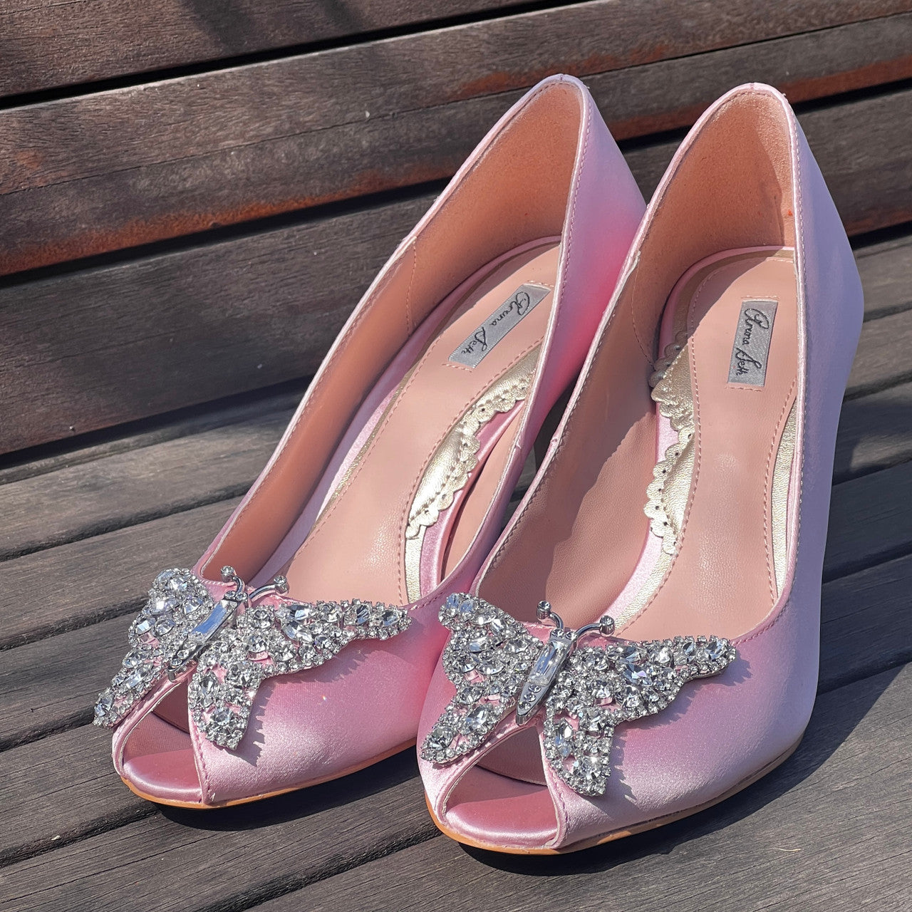 Ava Open Toe Butterfly Low Heels Baby Pink Satin