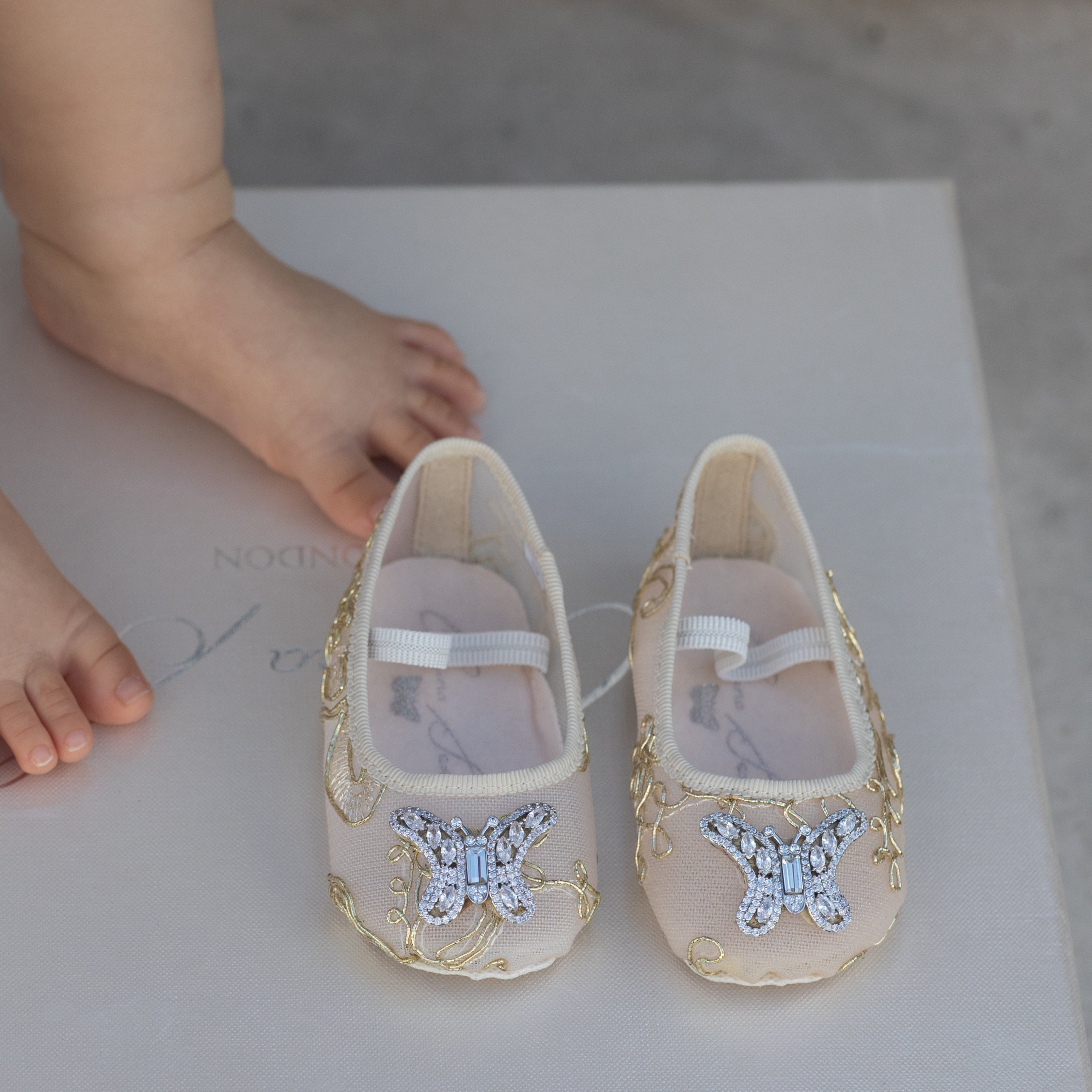 Odette Butterfly Baby Shoes | Gold Chantilly Lace
