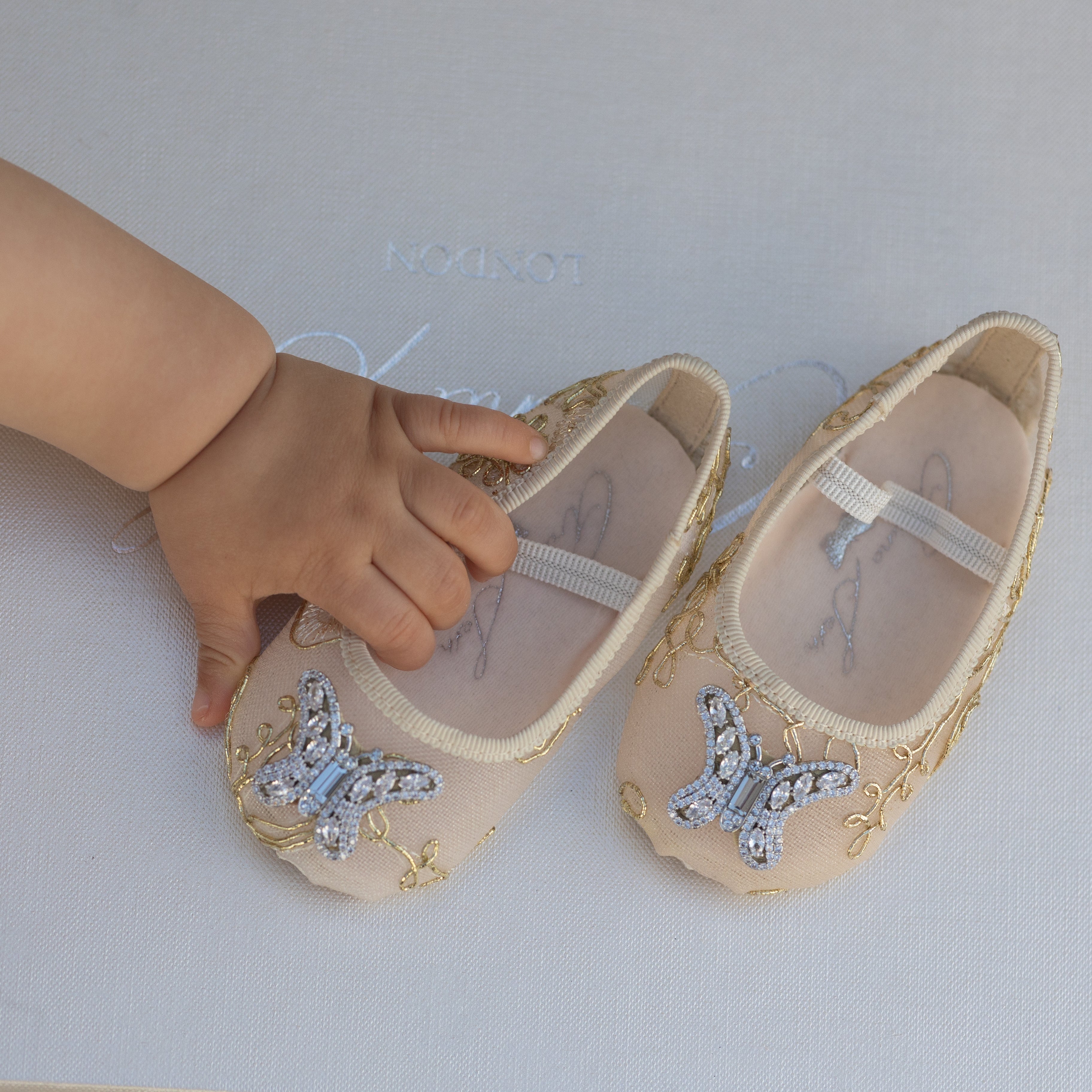 Odette Butterfly Baby Shoes | Gold Chantilly Lace