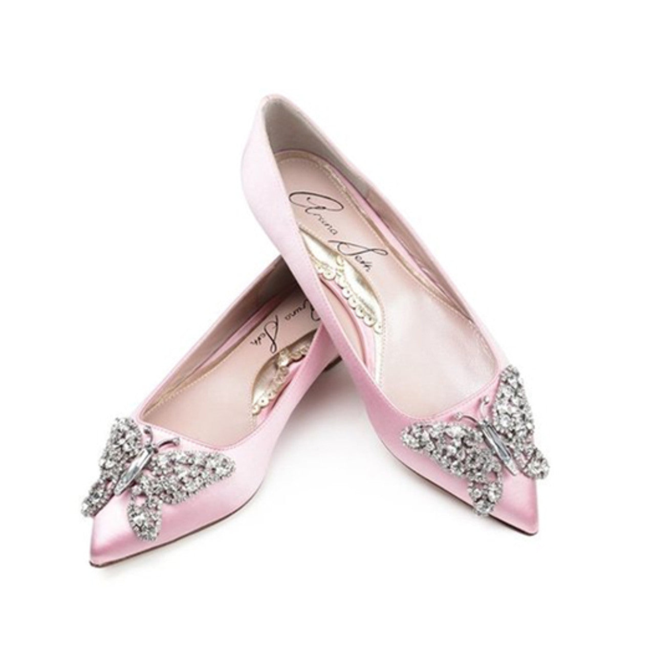 Eliana Butterfly Pointy Flats Baby Pink Satin