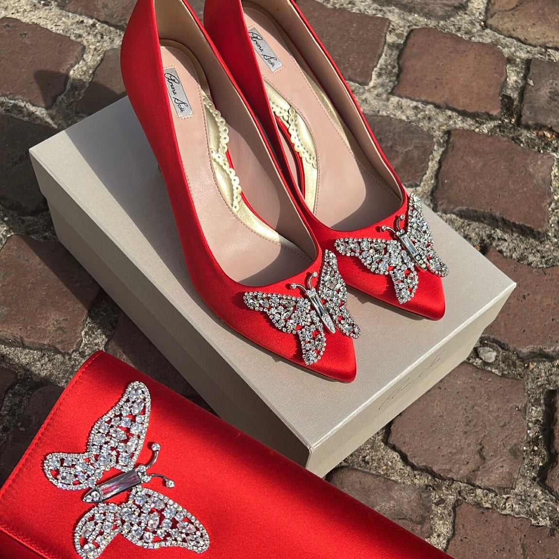 Emilia Butterfly Heels Red Satin