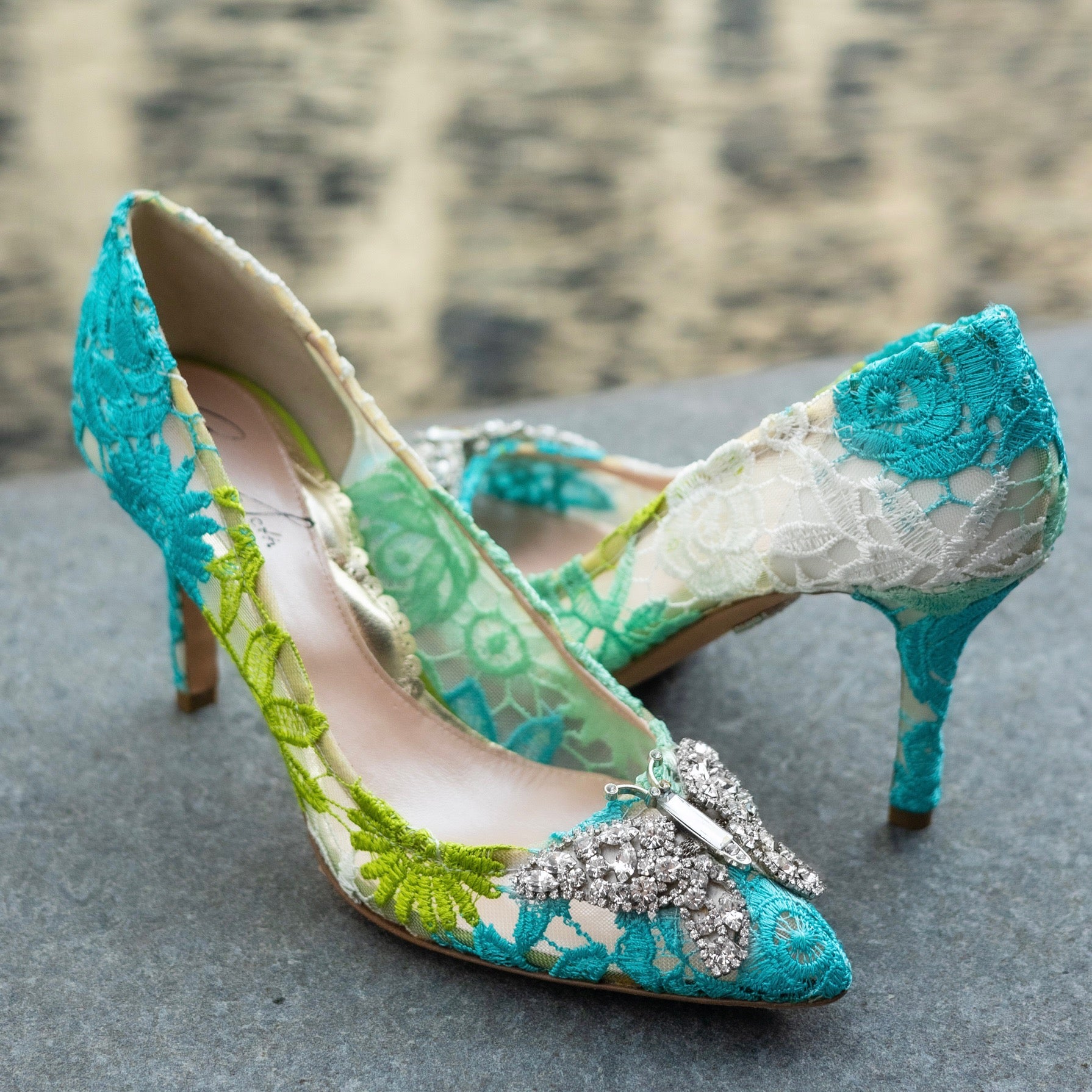 Emilia Butterfly Heels Green & White Lace