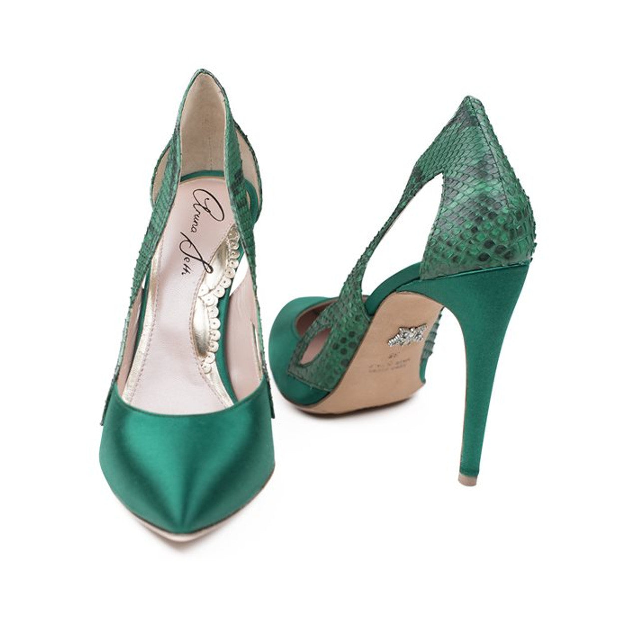 Cosmo Green Satin And Printed Snake Heels