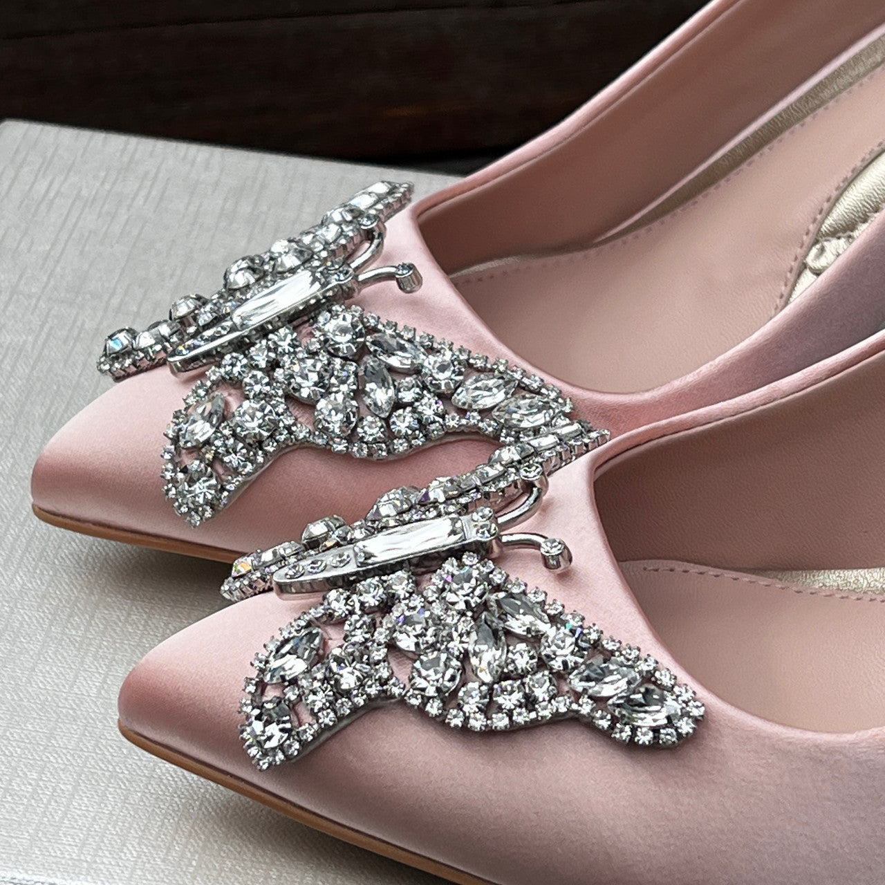 Emilia Butterfly Heels Pale Pink Satin