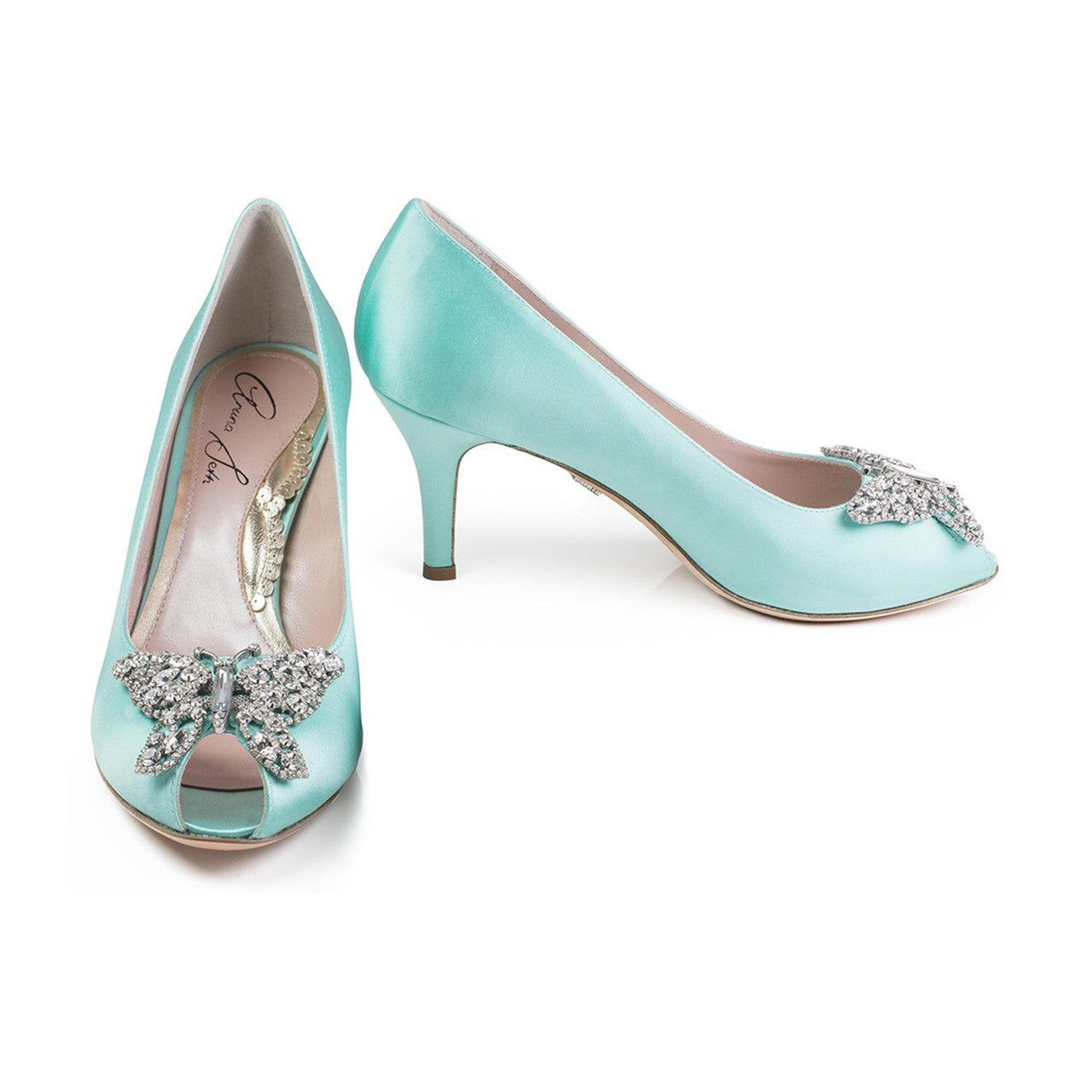 Ava Open Toe Butterfly Low Heel Tiffany Blue Satin