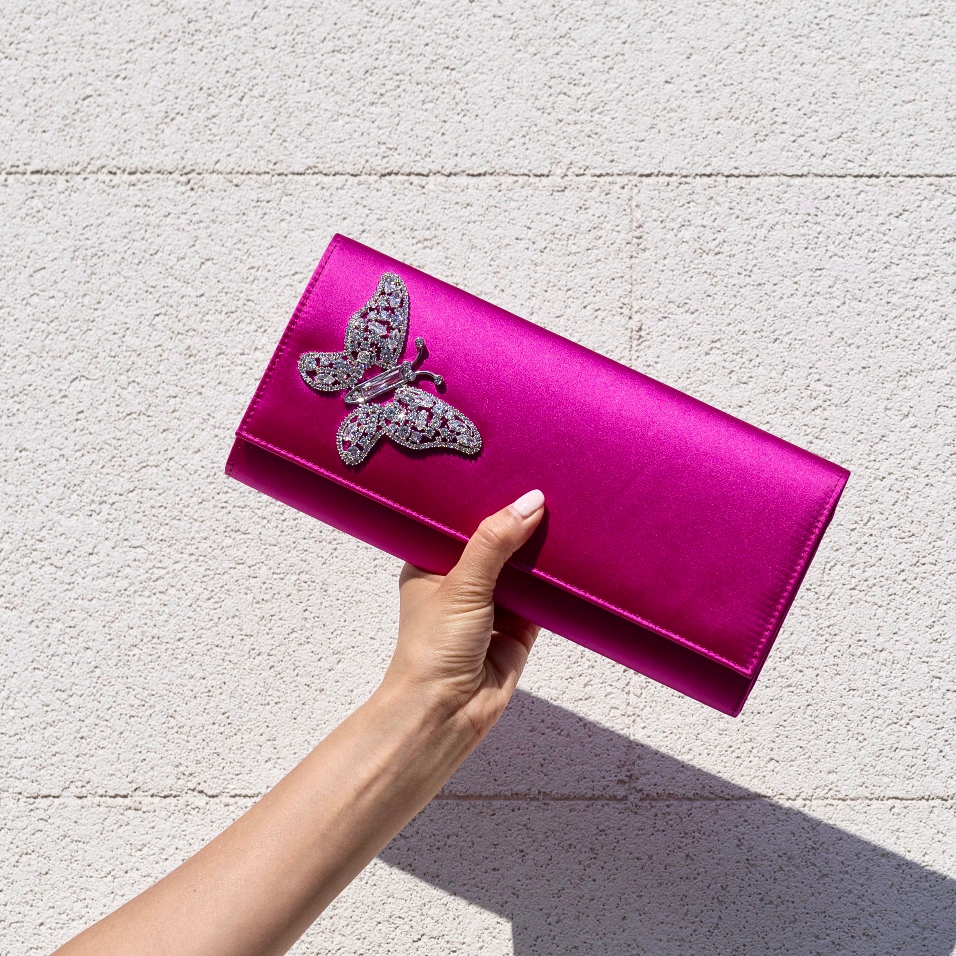 Neon Pink Satin Butterfly Clutch Bag