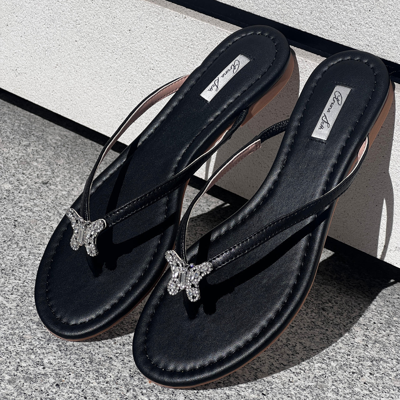 Farfalla Butterfly Flip Flop Black Leather