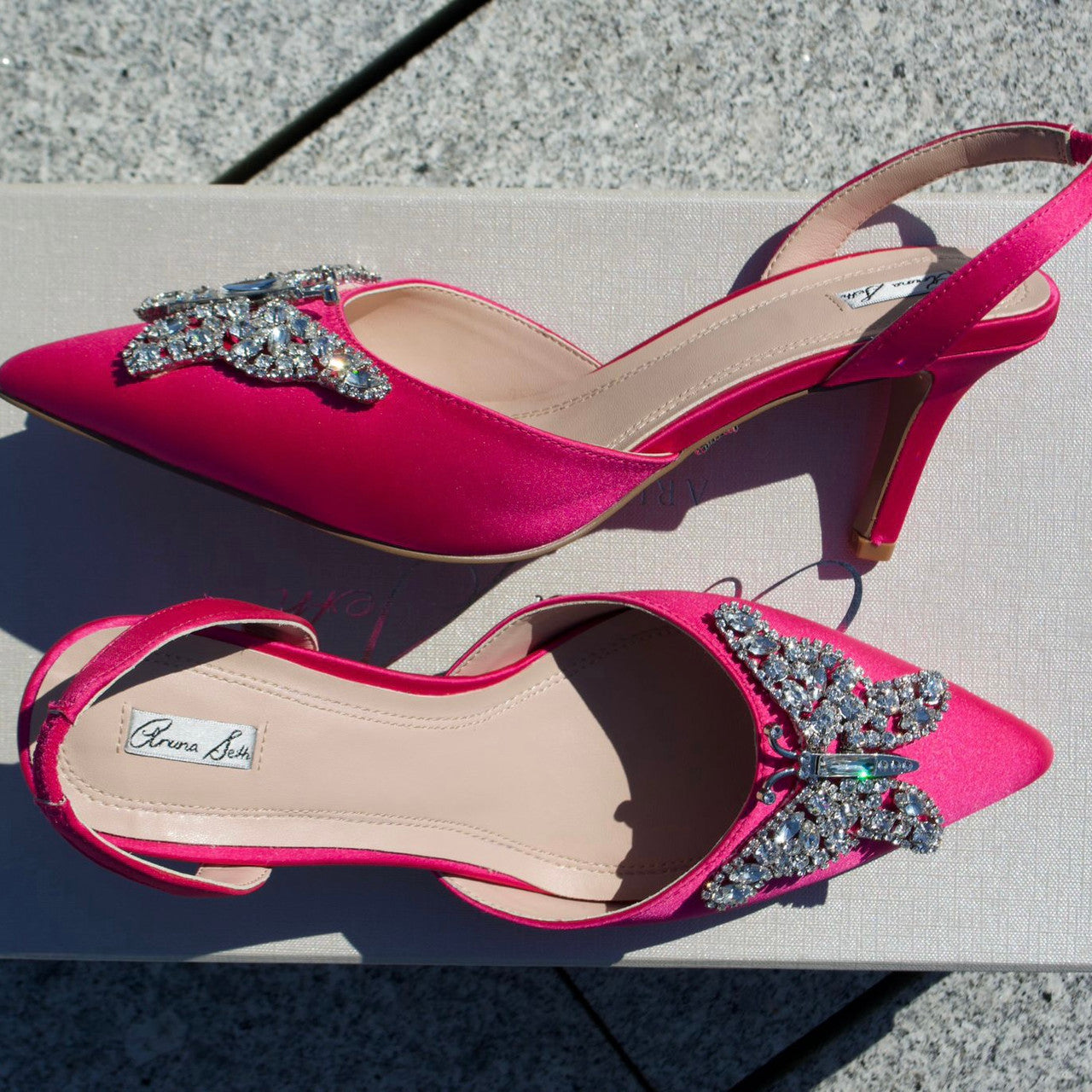 Love Butterfly Slingback Heels Neon Pink Satin