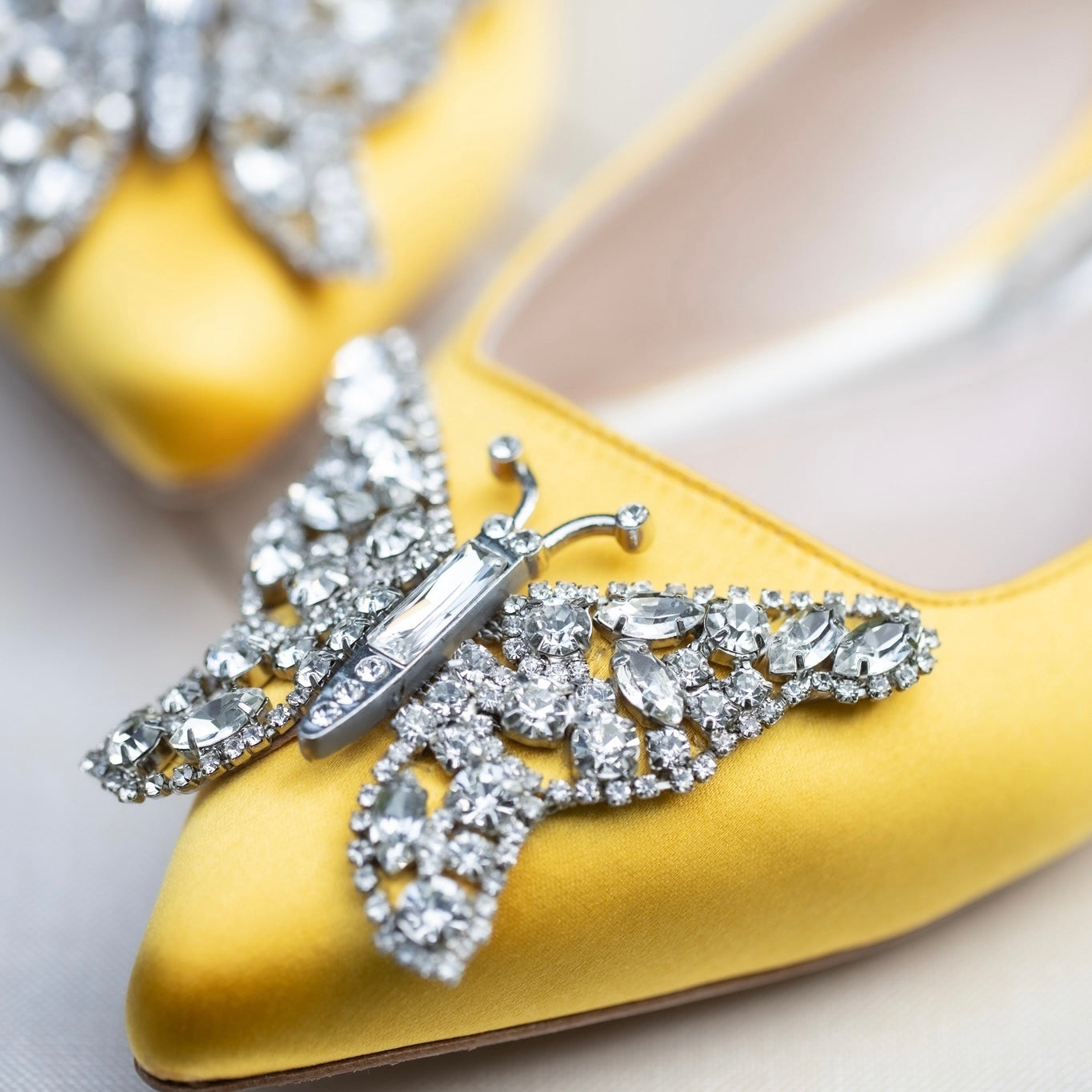 Eliana Butterfly Pointy Flats Yellow Satin